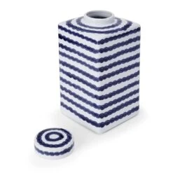 MIKASA Ripple Stripe Decorative Square Ginger Jar Canister -Tableware Shop blue and white ripple stripe square ceramic storage ginger jar canister 5288412 2