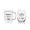 MIKASA Double Wall Mug And Stemless Wine Glass Set Of 2, Caffeine Wine Sentiment -Tableware Shop stemless set of 2 caffeine wine glass and glass mug 5281857 1