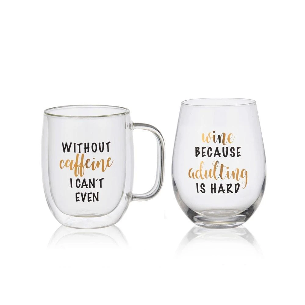 MIKASA Double Wall Mug And Stemless Wine Glass Set Of 2, Caffeine Wine Sentiment 3 MIKASA Double Wall Mug And Stemless Wine Glass Set Of 2, Caffeine Wine Sentiment