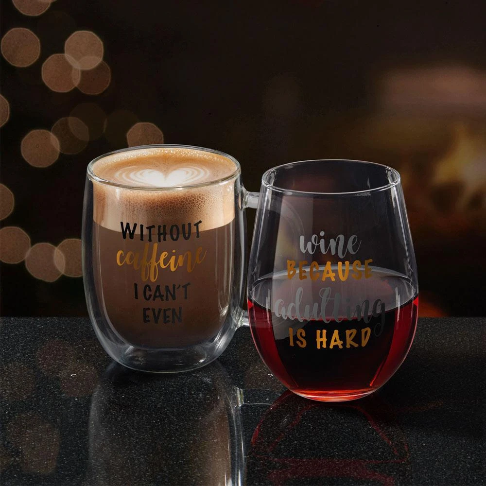 MIKASA Double Wall Mug And Stemless Wine Glass Set Of 2, Caffeine Wine Sentiment 4 MIKASA Double Wall Mug And Stemless Wine Glass Set Of 2, Caffeine Wine Sentiment - Image 2