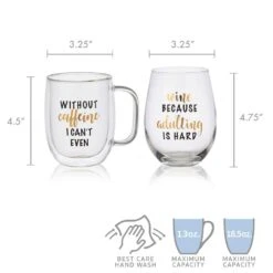 MIKASA Double Wall Mug And Stemless Wine Glass Set Of 2, Caffeine Wine Sentiment 11 MIKASA Double Wall Mug And Stemless Wine Glass Set Of 2, Caffeine Wine Sentiment -Tableware Shop stemless set of 2 caffeine wine glass and glass mug 5281857 5