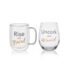 MIKASA Double Wall Mug And Stemless Wine Glass Set Of 2, Rise And Unwind Sentiments -Tableware Shop stemless set of 2 unwind wine glass and glass mug 5281850 1