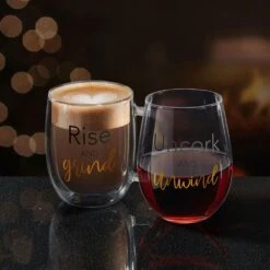 MIKASA Double Wall Mug And Stemless Wine Glass Set Of 2, Rise And Unwind Sentiments -Tableware Shop stemless set of 2 unwind wine glass and glass mug 5281850 2
