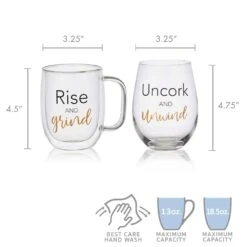 MIKASA Double Wall Mug And Stemless Wine Glass Set Of 2, Rise And Unwind Sentiments -Tableware Shop stemless set of 2 unwind wine glass and glass mug 5281850 5