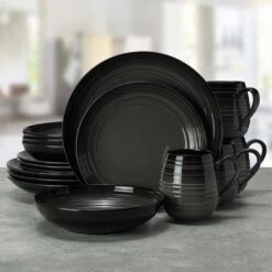 MIKASA Swirl Black Coupe With Graphite Ombre Accent 16 Piece Dinnerware Set, Service For 4 -Tableware Shop swirl coupe graphite 16 piece dinnerware set service for 4 5264301 2