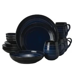 MIKASA Swirl Black Coupe With Cobalt Ombre Accent 16 Piece Dinnerware Set, Service For 4