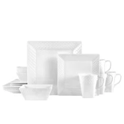 MIKASA Trellis White Square 16 Piece Dinnerware Set, Service For 4